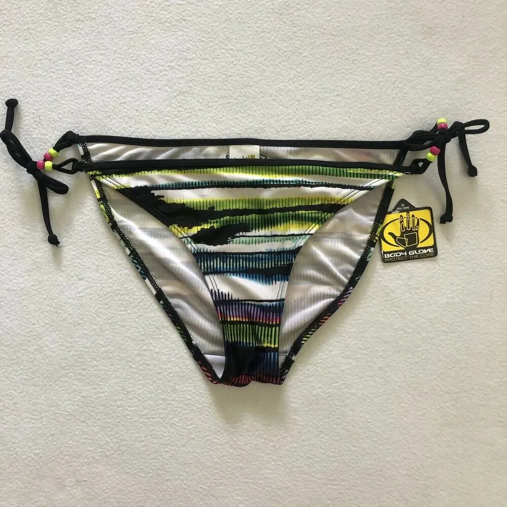 NWT Body Glove Black Multicolor Stripe Tie Side Swim Bikini Bottom 3917434 XL